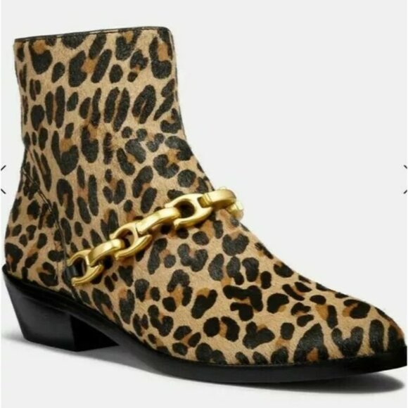 Coach Allen Bootie with Leopard Print Gold Logo Chain Link Size 5 New In Box - Picture 1 of 12
